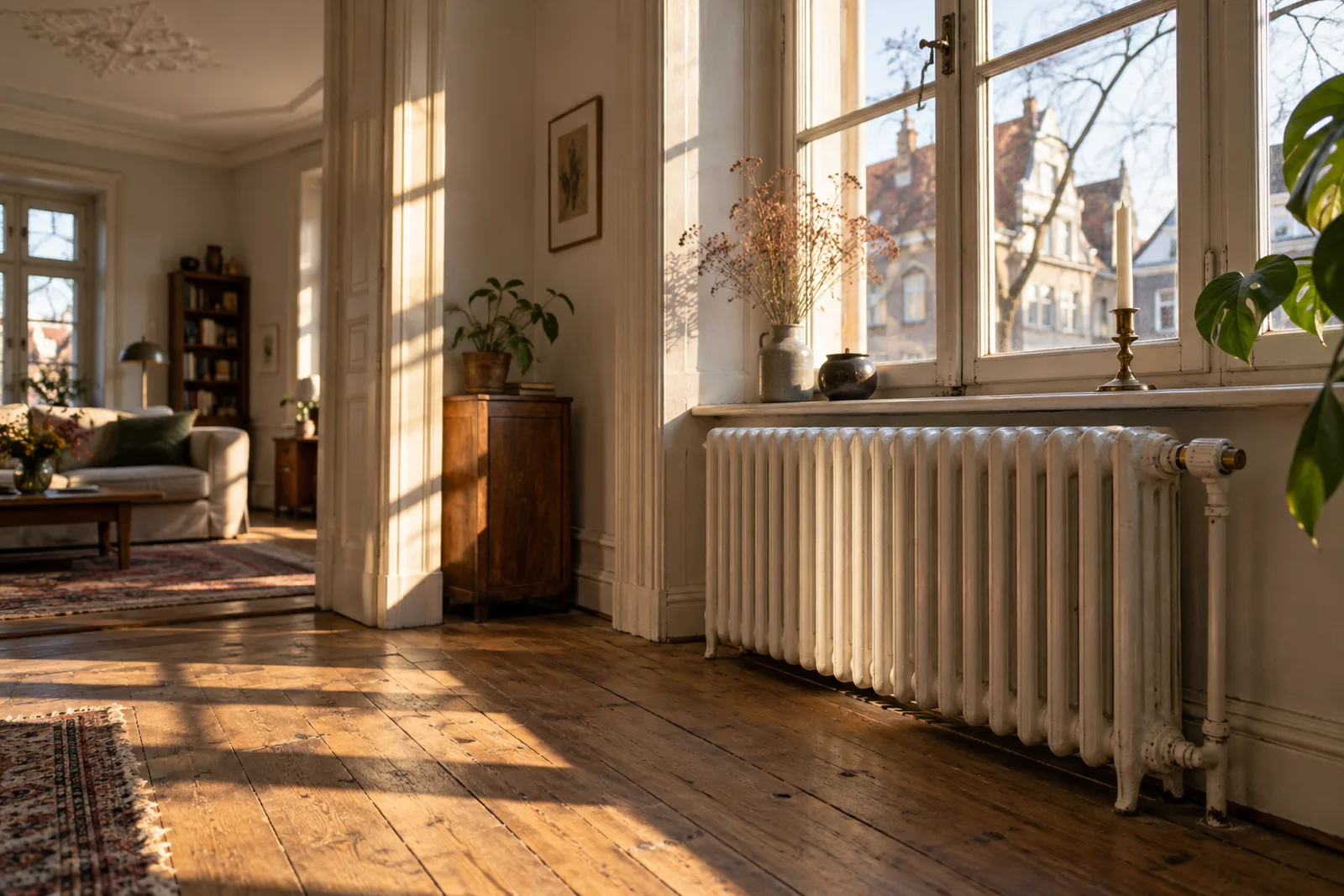 Gusseiserner Rippenheizkörper unter hohem Holzfenster in einem Altbremer Haus, Niedertemperatur-Frage im Energieausweis 2027, energiepass BREMEN
